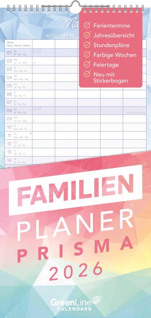 Greenline - Familienplaner Prisma 2026 – Wandkalender 22x45 cm mit 5